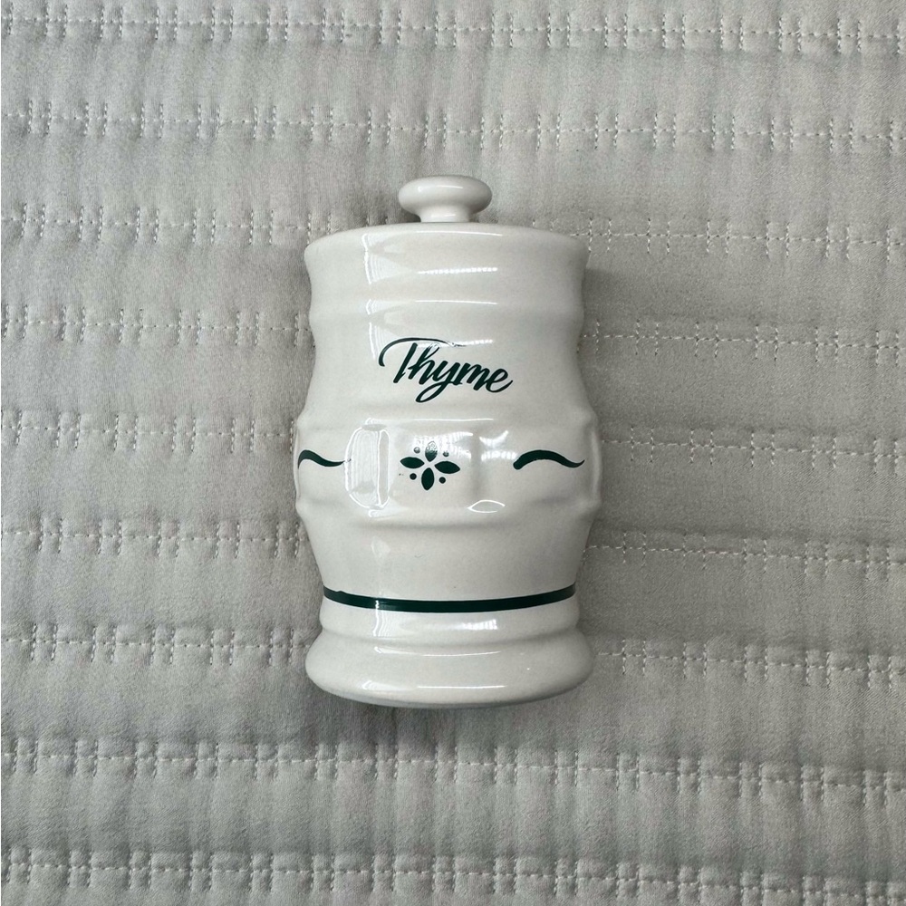 1996 Longaberger Pottery Thyme Spice Jar with Lid in White & Green